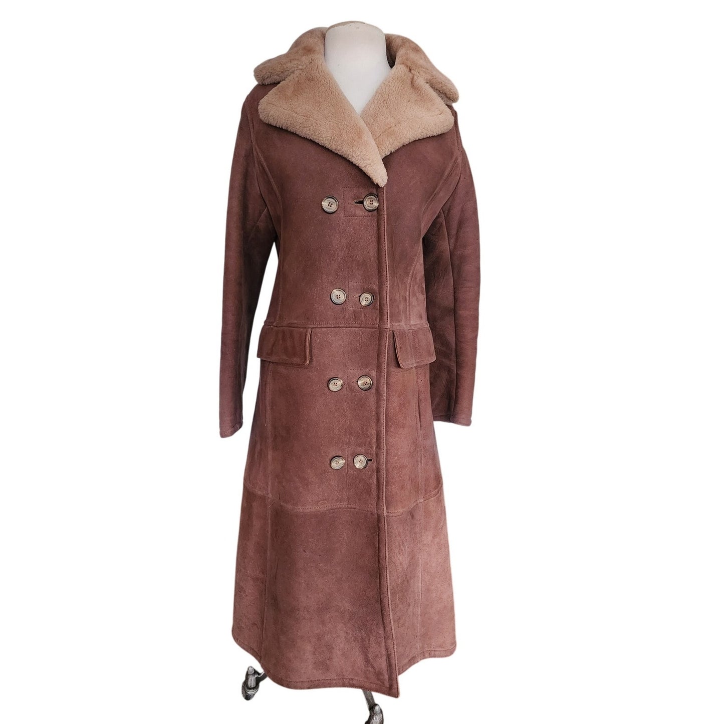 Vintage 1970s Shearling Coat Brown Suede Long Parka Double Breasted