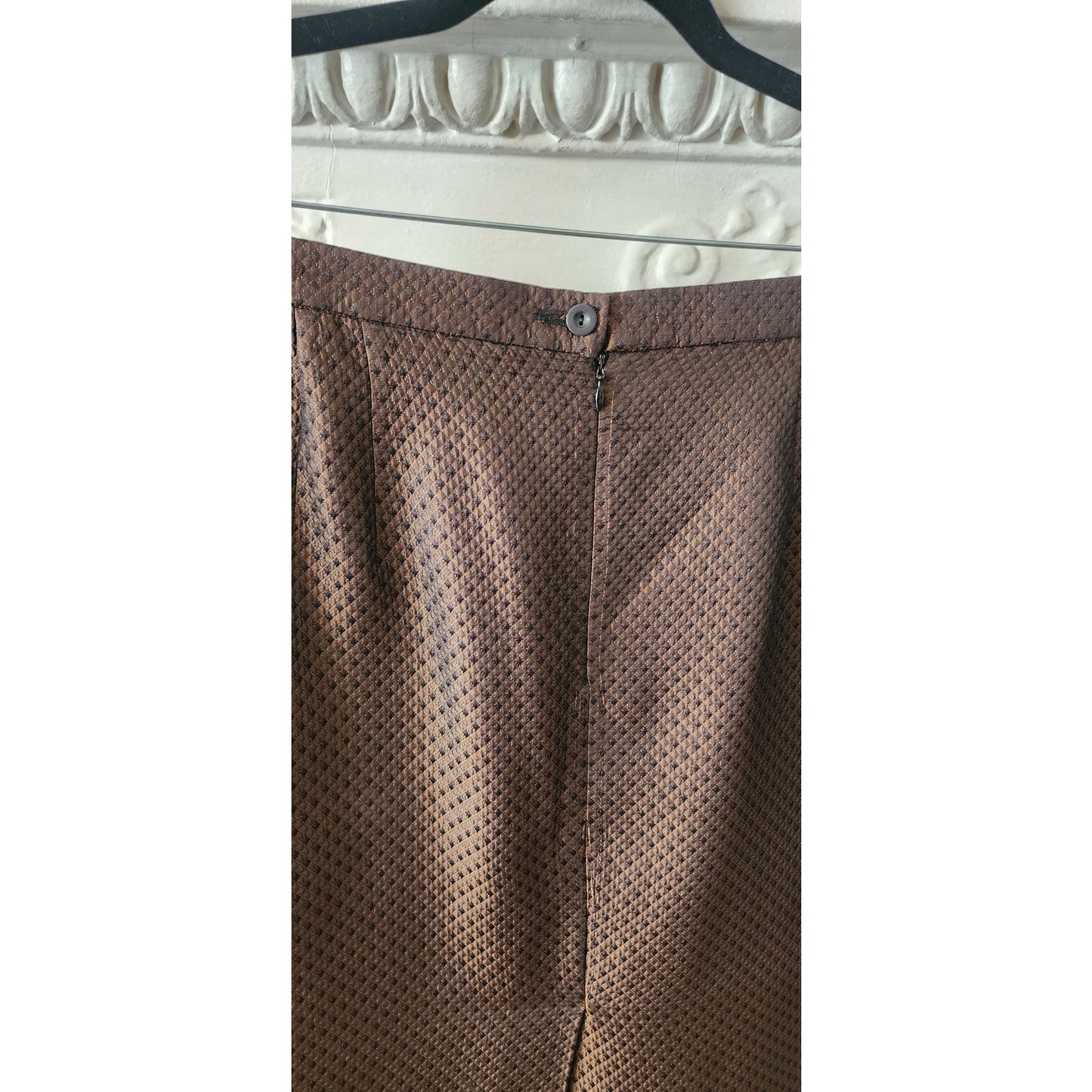 Vintage ESCADA Skirt Brown Metallic Silk Wool Blend Diamond Print / Waist 32" Size 44