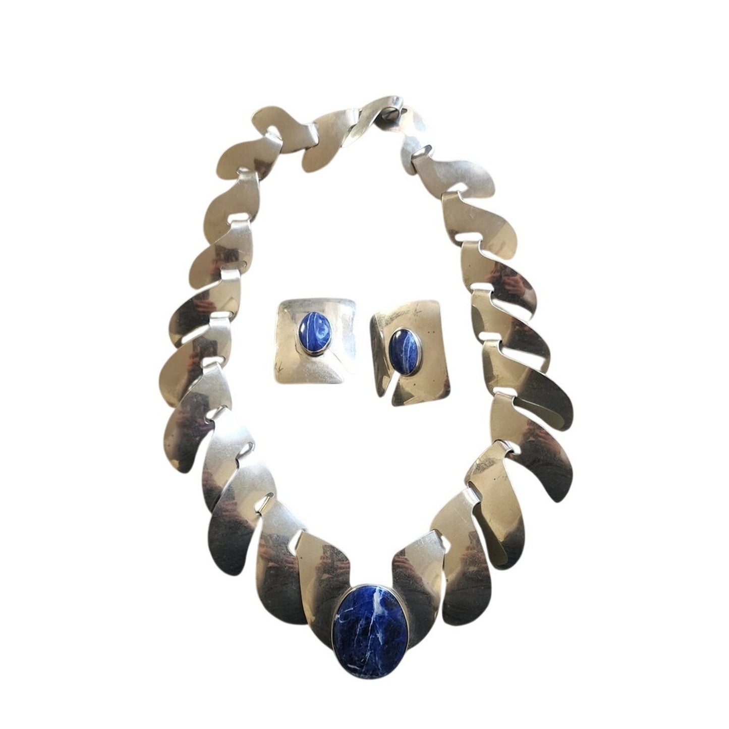Vintage 80s FLORELLE Necklace Earring Set Sterling Silver & Blue Sodalite