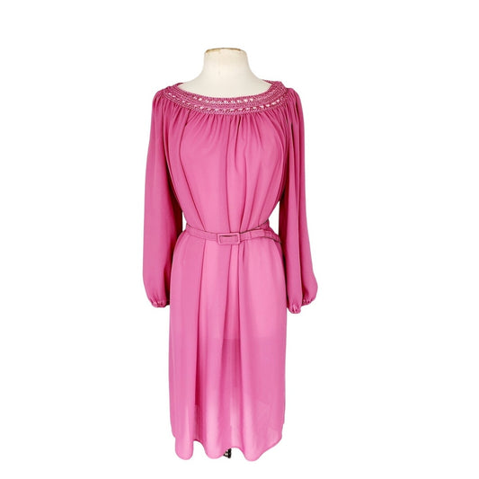 Vintage 70s Pink Dress Crochet Neckline, Belted Leslie Pomer