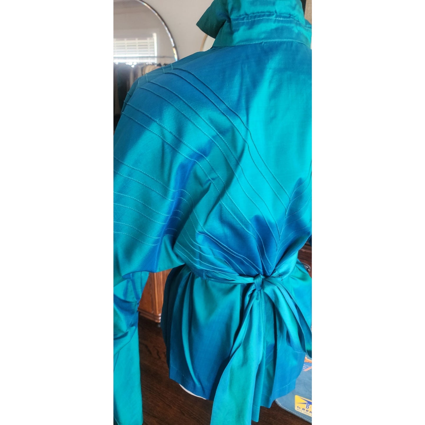 Vintage 80s Silk Blouse Electric Blue w/Pleats and Belt/Pussycat Bow / M