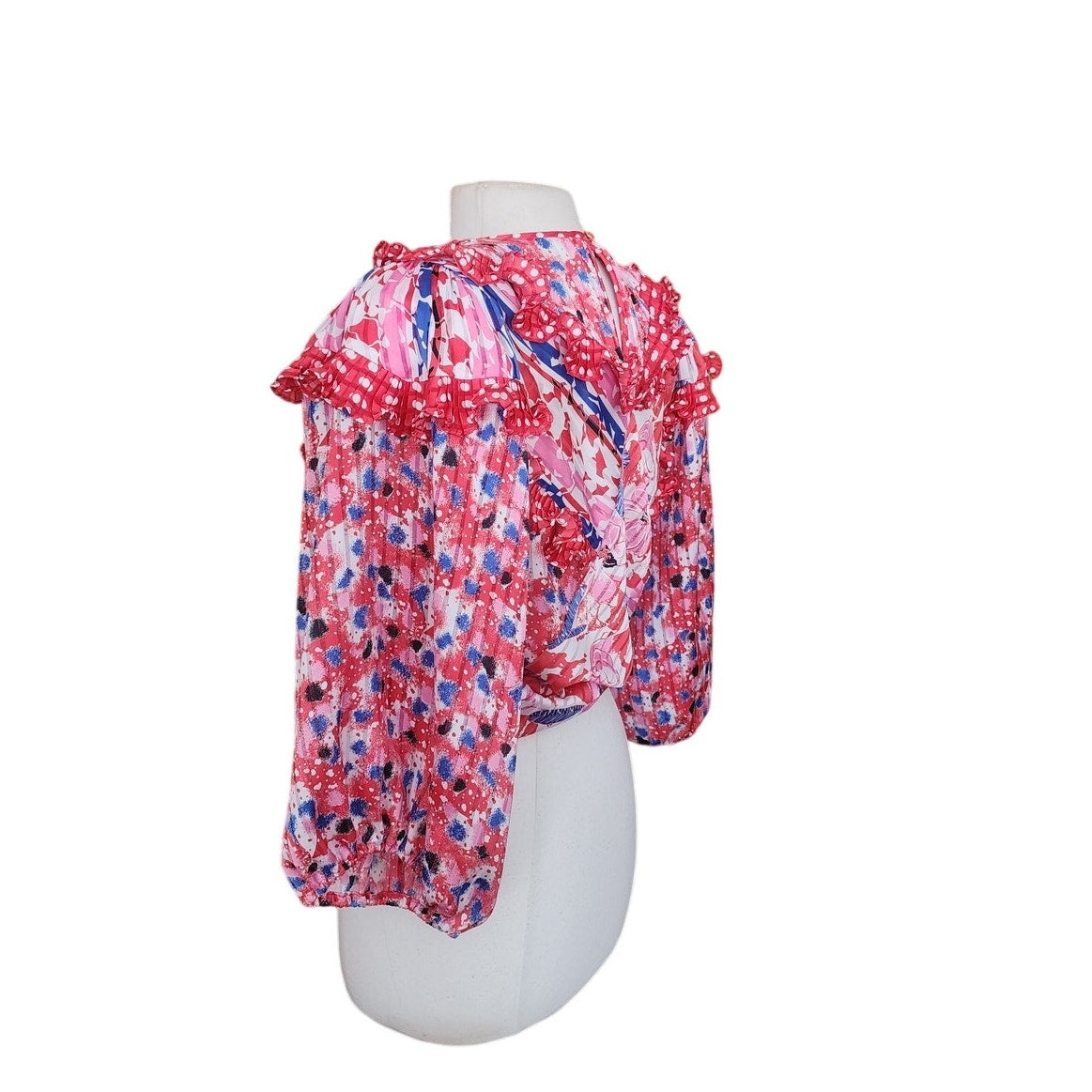 Vintage 80s Diane Freis Blouse Bold Print Poly Georgette Ruffles Pink Red