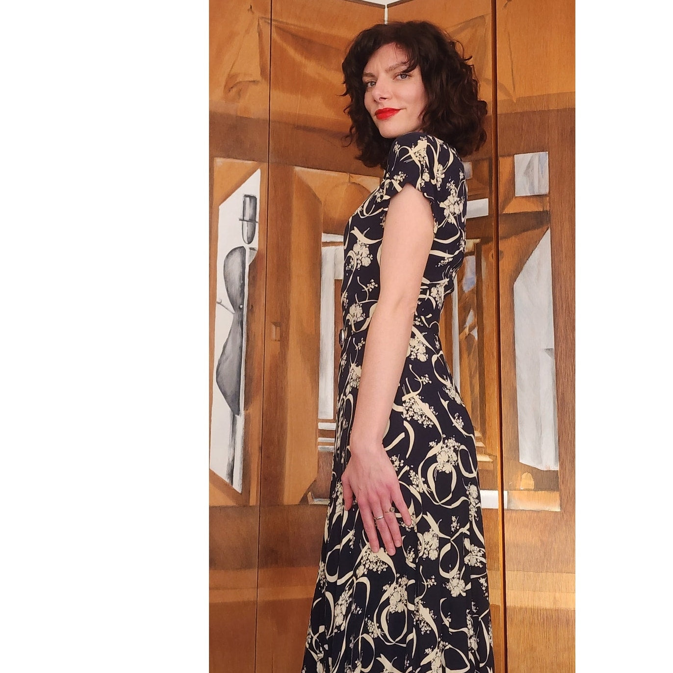 Vintage ORIGINAL 40s Leslie Fay Black Cream Floral Ribbon Rayon Midi Day Dress