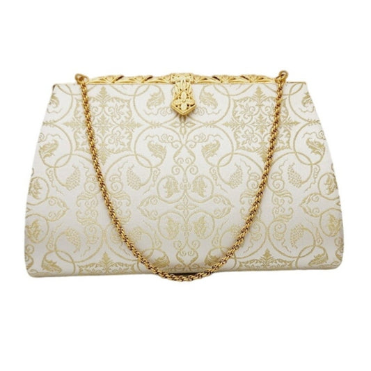 Vintage 50s Evening Bag Cream Silk Gold Baroque Print