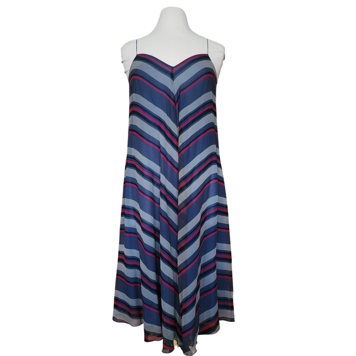 Vintage 70s Chiffon Silk Sun Dress Chevron Stripe Charlotte Ford Spaghetti Strap