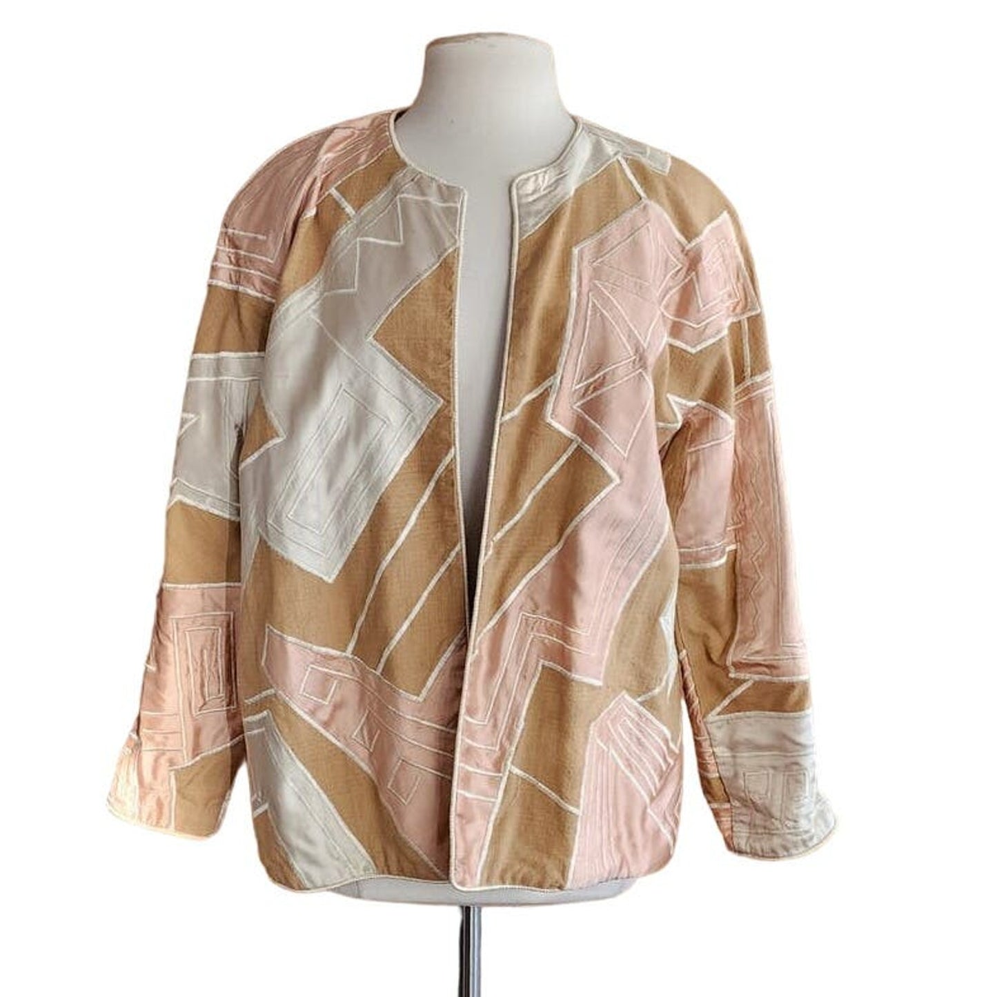 Vintage 80s Blazer Cotton Patchwork  Jacket Beige Brown Hyacinth Mexico