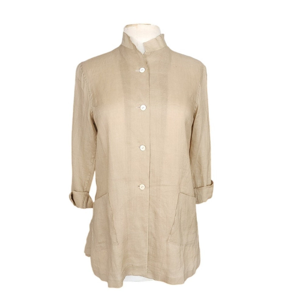 Vintage 90s Jil Sander Pant Suit Beige Ramie Nehru Jacket + Slacks