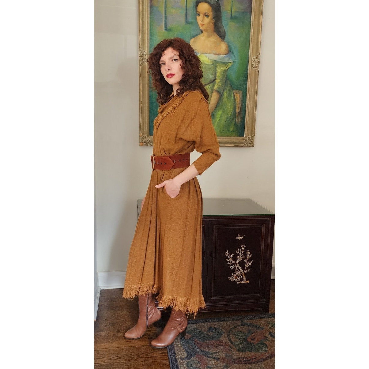 Vintage 80s Brown Dress Fringed Cowl Collar Mad Max Distopia Positive Attitude