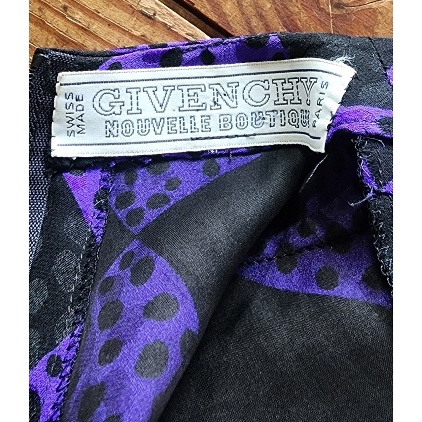 Vintage 80s GIVENCHY Silkprint Dress Purple Black Harlequin Diamonds Long Sleeved