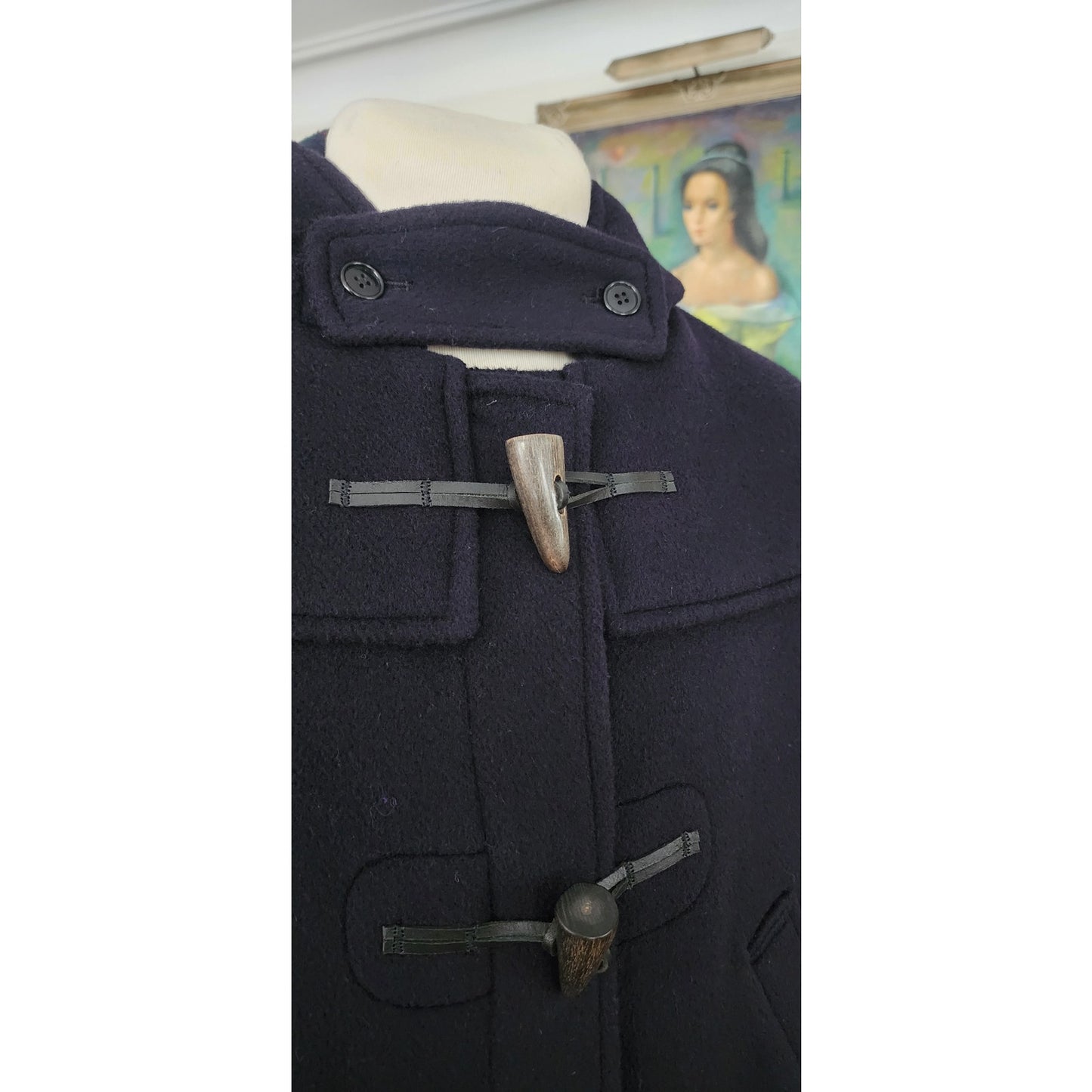 Vintage 1990s Mens Duffle Coat Lands End Navy Blue Wool Hooded w/Toggle Closure