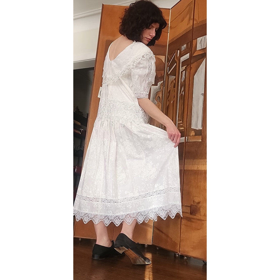 Vintage 80s Scott McClintock White Lace Dress Drop Waist Puffed Sleeves NWT