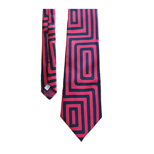 Vintage 60s Mens Necktie Wide Labyrinth Print Red Black