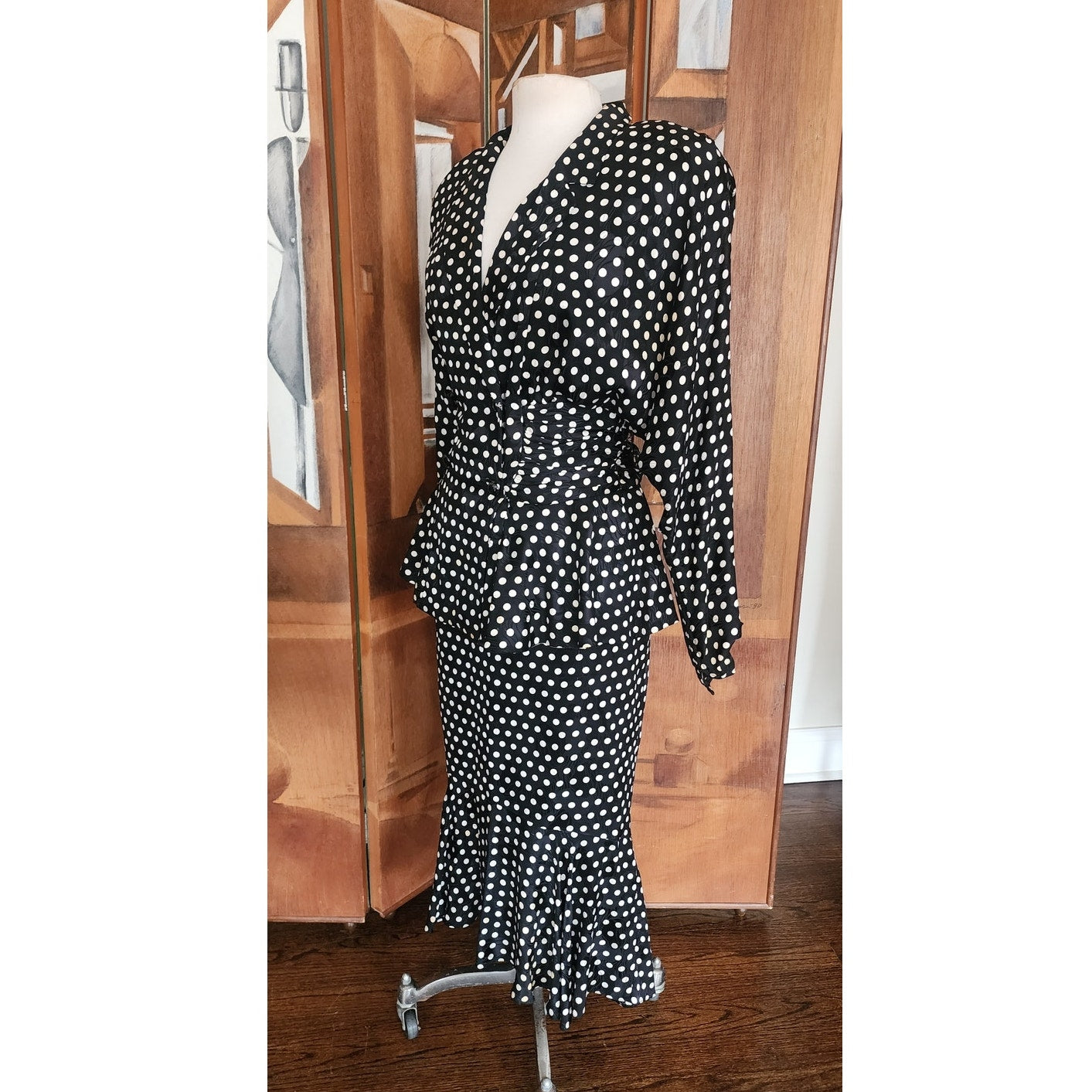 Vintage 80s Saint Romei Neiman Marcus Silk Polka Dot Peplum Jacket Fishtail Skirt Suit Set