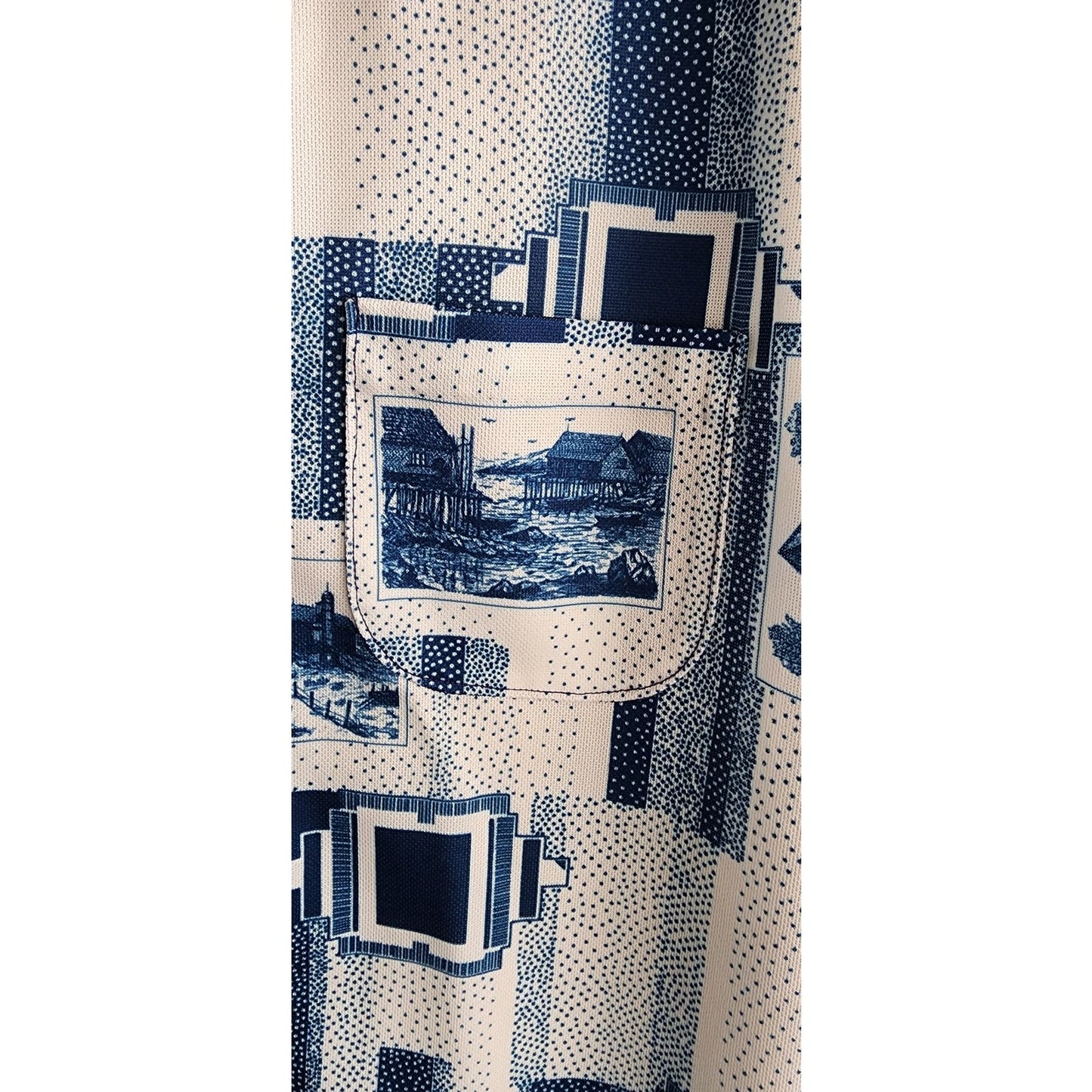 Vintage 70s Novelty Print Mens Shirt Button Down Blue White