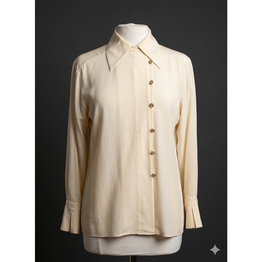 Vintage 1980s Karl Lagerfeld Blouse Cream Silk Shirt Asymmetric Button Down S