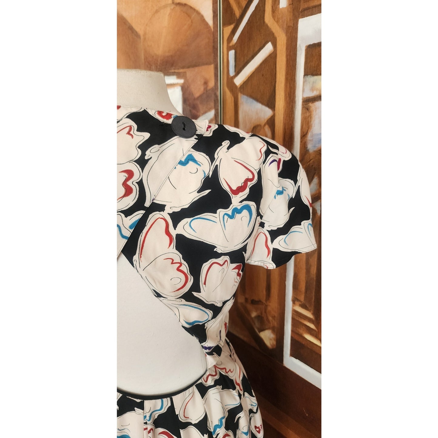 Vintage 1980s Krizia Dress Silk Puff Sleeve Open Back Geometric Abstract Midi