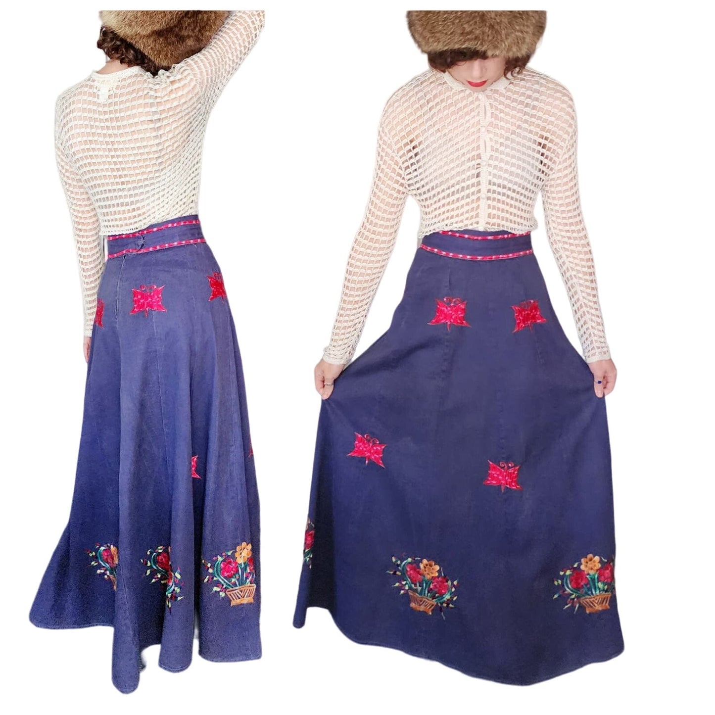 Vintage 70s Dark Denim Long Skirt Red Butterfly Embroidery India S. Kumar