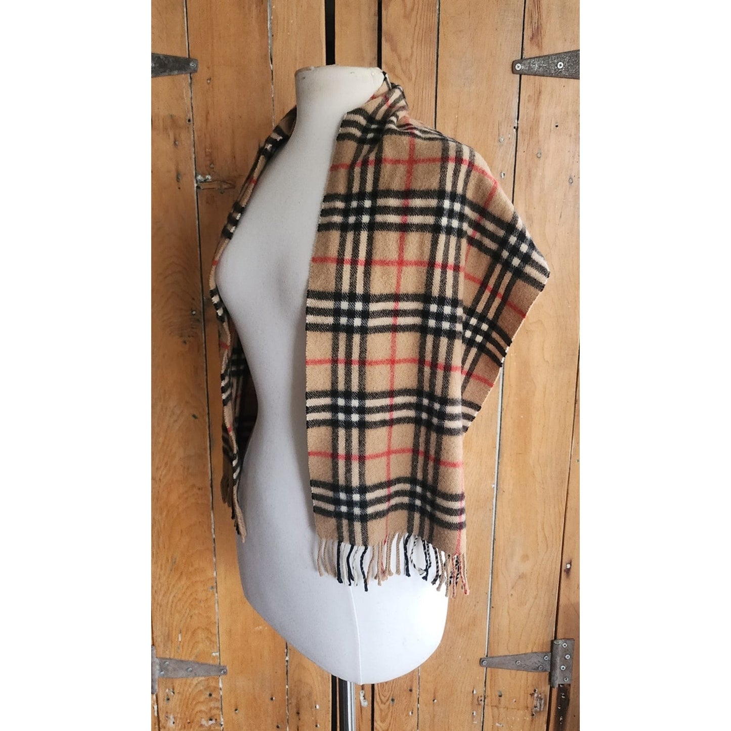 Vintage 1980s Burberrys Cashmere Scarf Beige Plaid Nova Check Fringed