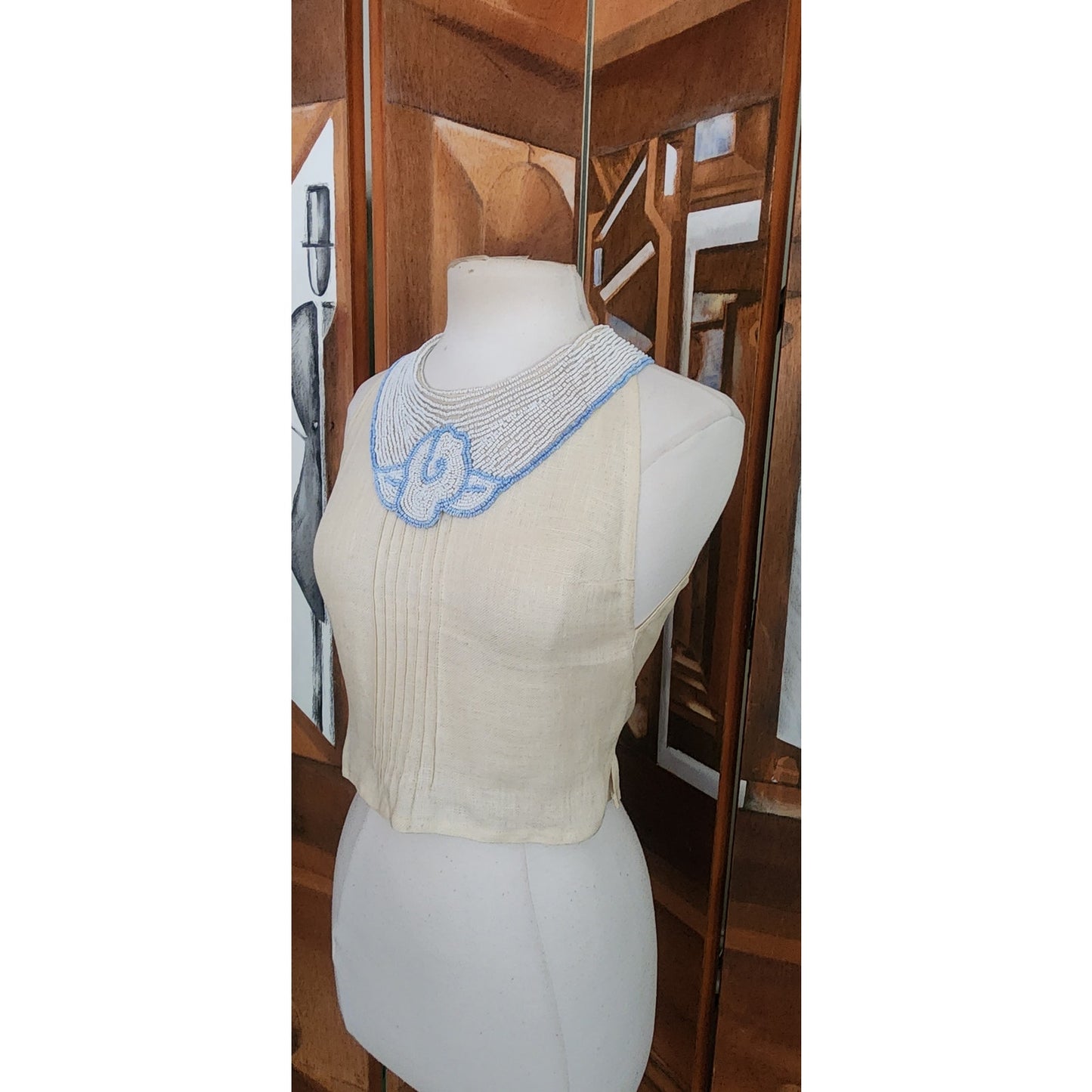 80s Krizia Top Cream Flax Linen Sleeveless Beaded Blue Rose Peter Pan Collar