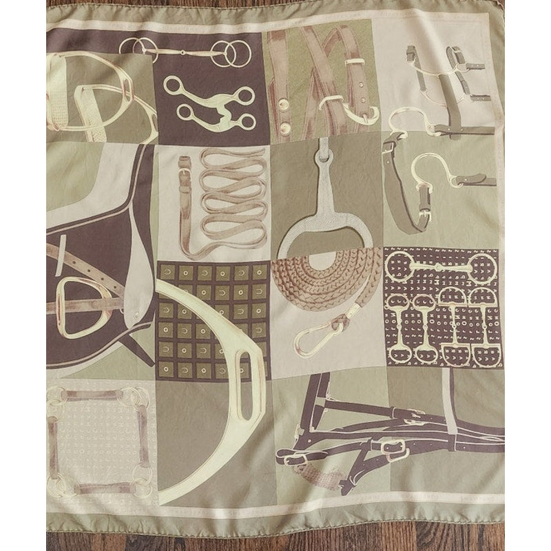 Vintage 1990s Longchamp Scarf Green Silk Equestrian Print Designer Foulard Square