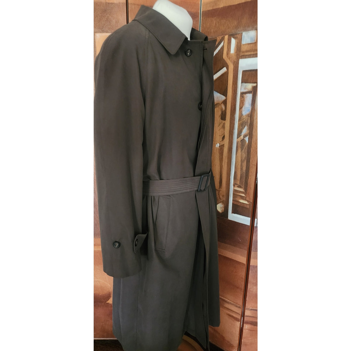 Vintage 1990s Ralph Lauren Mens Coat Brown Olive Green Trench Raincoat Large 40R