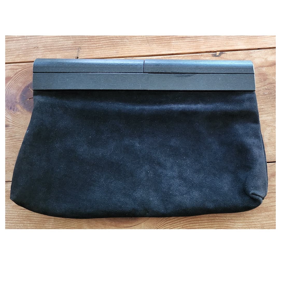Vintage Black Suede Clutch Bag w/Wood Saks Fifth Ave