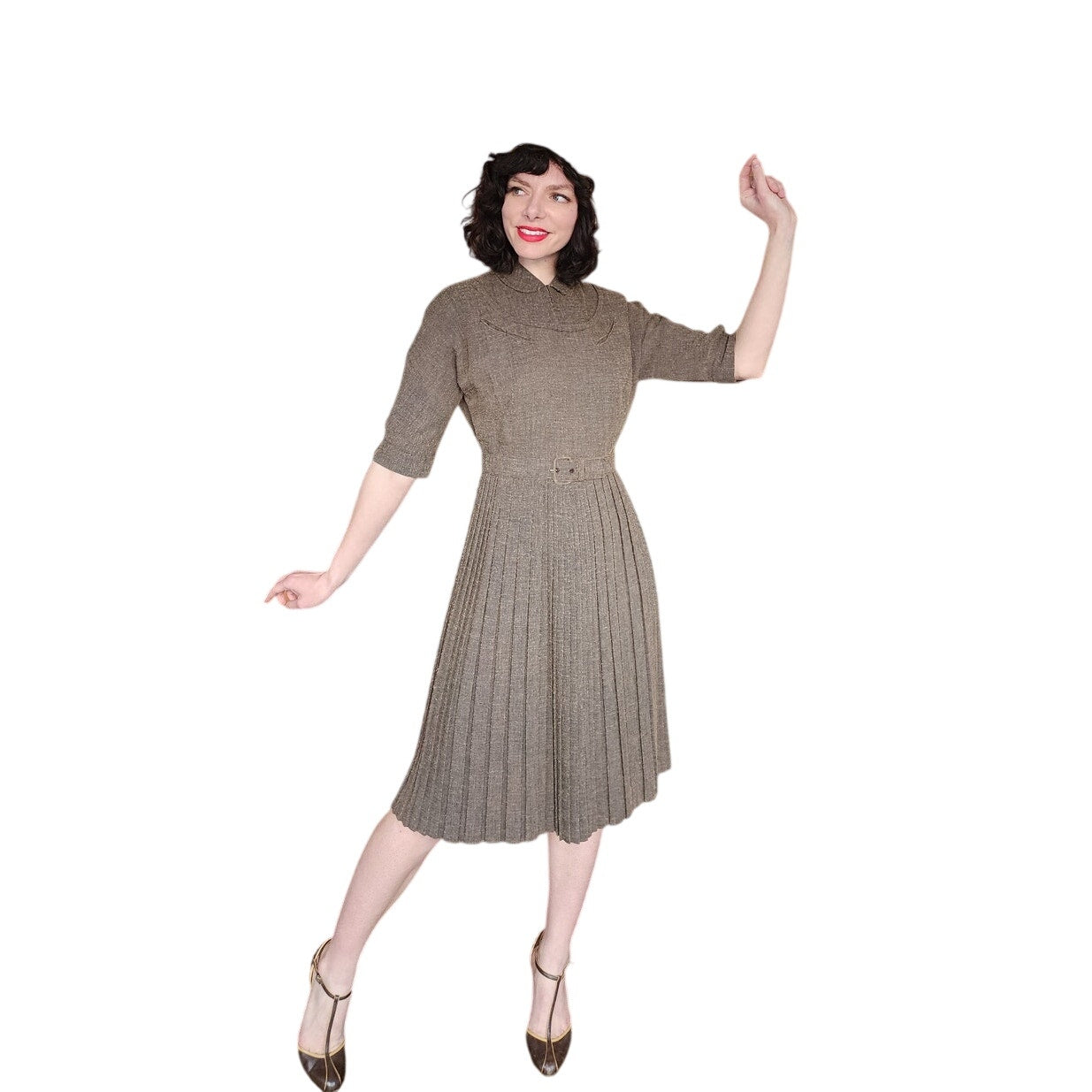 Vintage 40s Brown day Dress w/Belt Nubby Texture Kabro of Houston