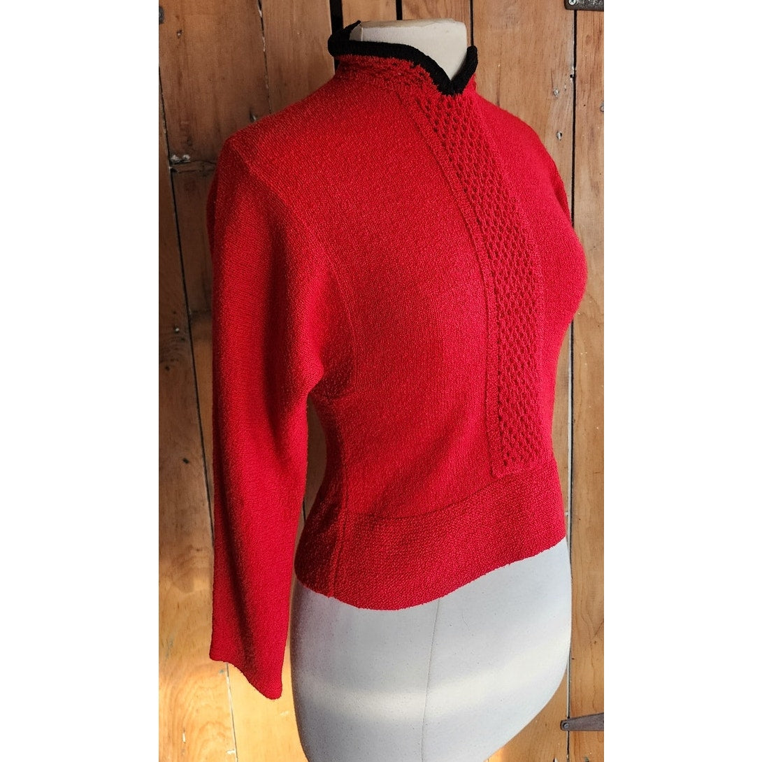 Vintage 50s Cherry Red Sweater Black Trim / M