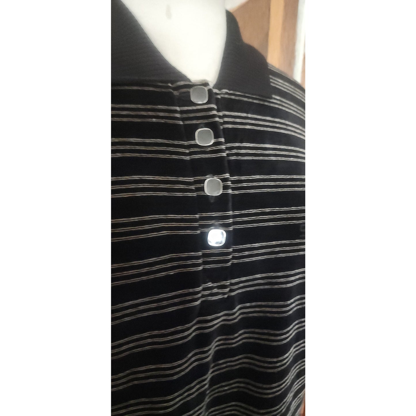 Vintage 1990s Sonia Rykie Velourl Top Black Gray Striped Short Sleeve Knit Polo Shirt
