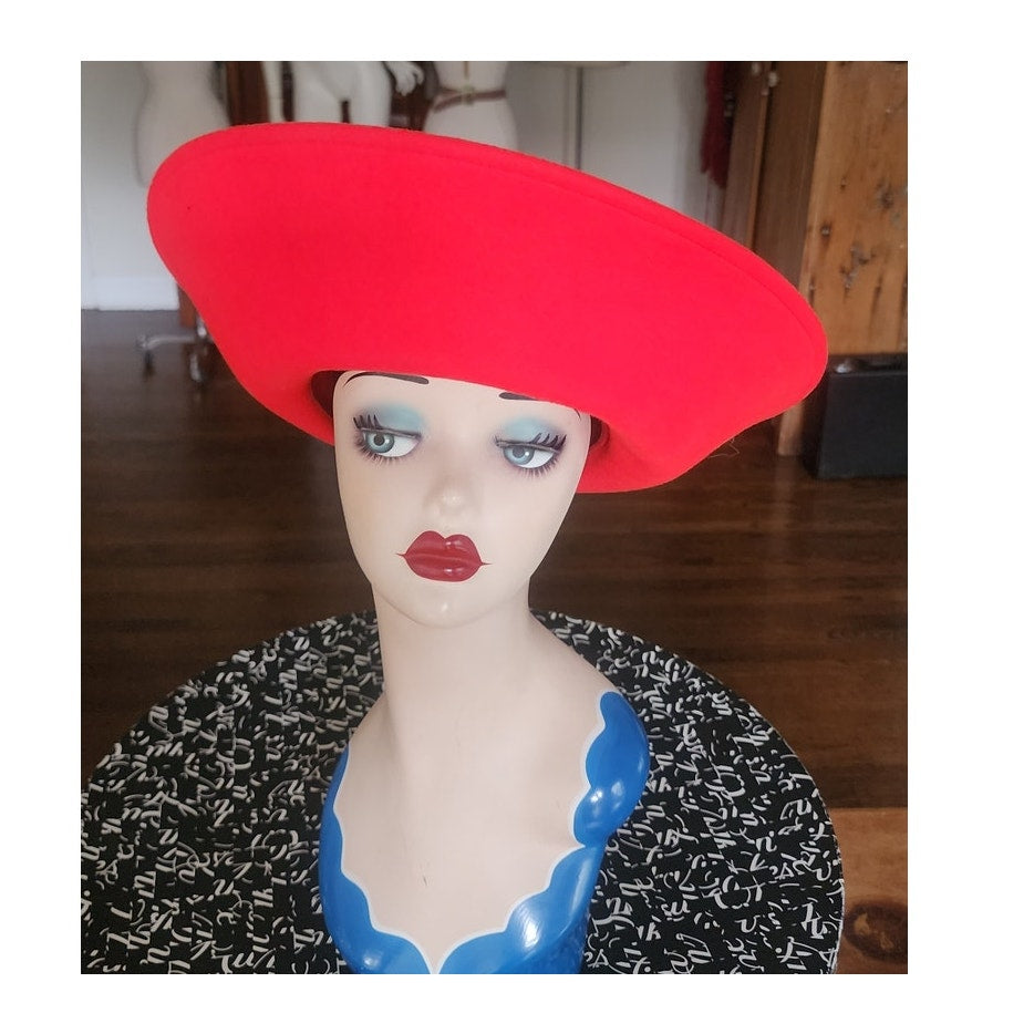 Vintage 1980s Statement Hat Red Wool High Wide Breton Upturned Brim Adolfo II