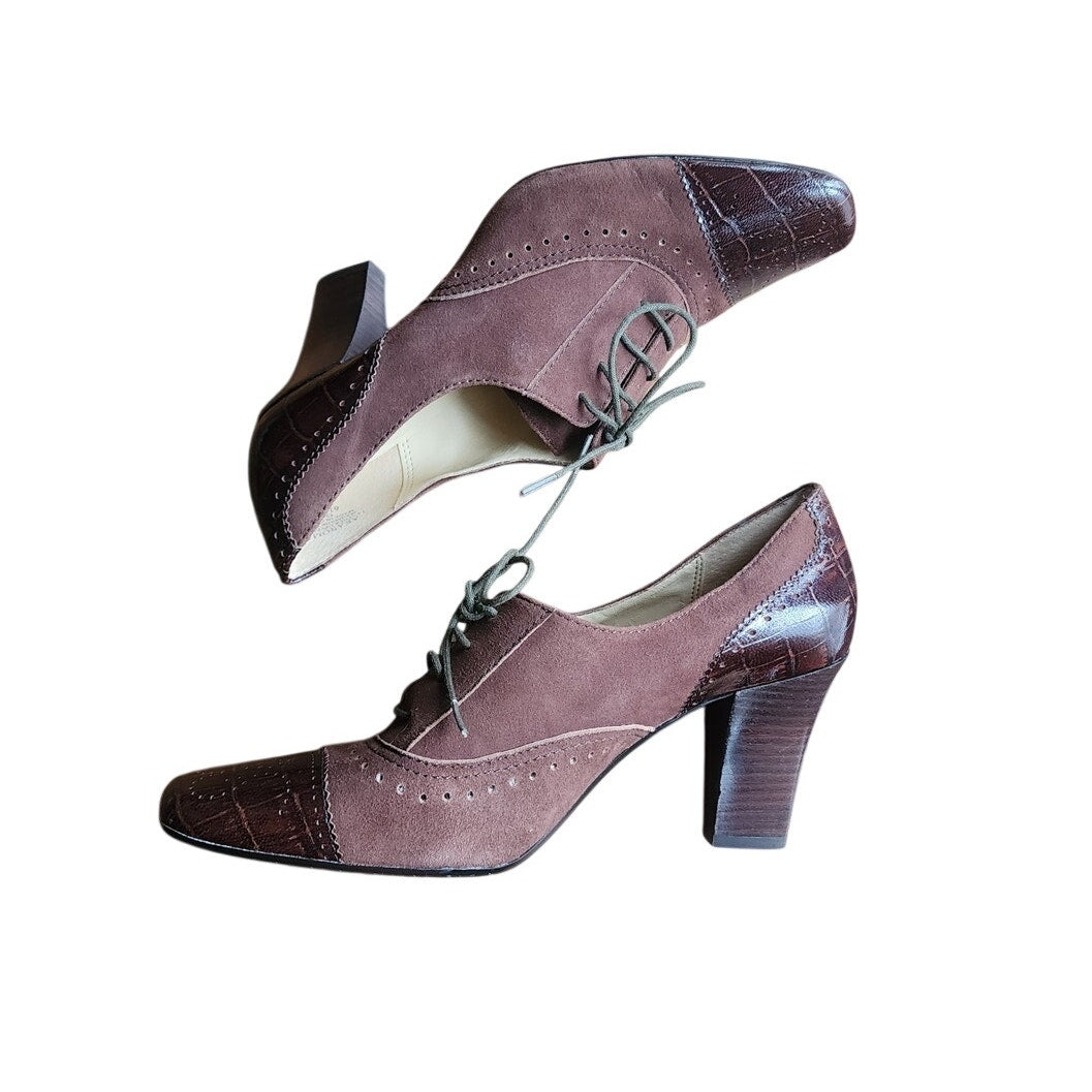 Vintage 1930s Style Brown Suede Shoes Lace Up Oxford Heels Anne Klein 6.5