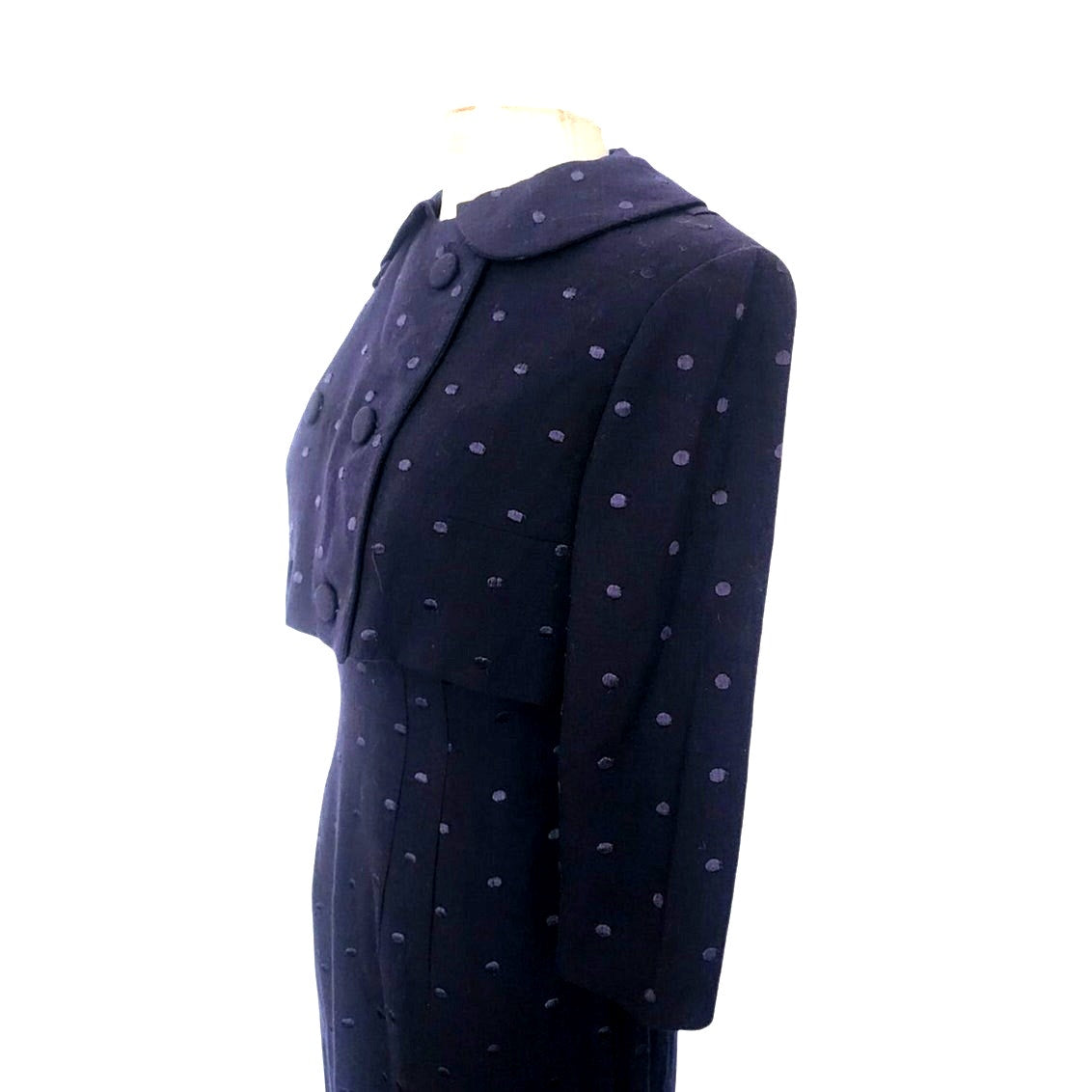 Vintage 1950s Dress + Jacket Suit Set Navy Blue Polkadot Wool Silk / M