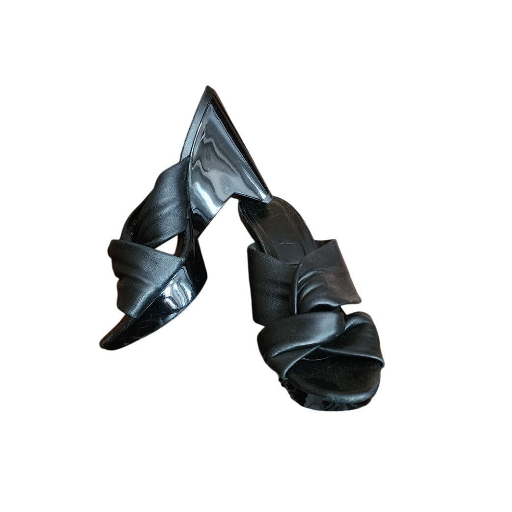 Vintage Robert Clergerie Slides Heels Black Leather Architectural Wedge Sandals Size US 6