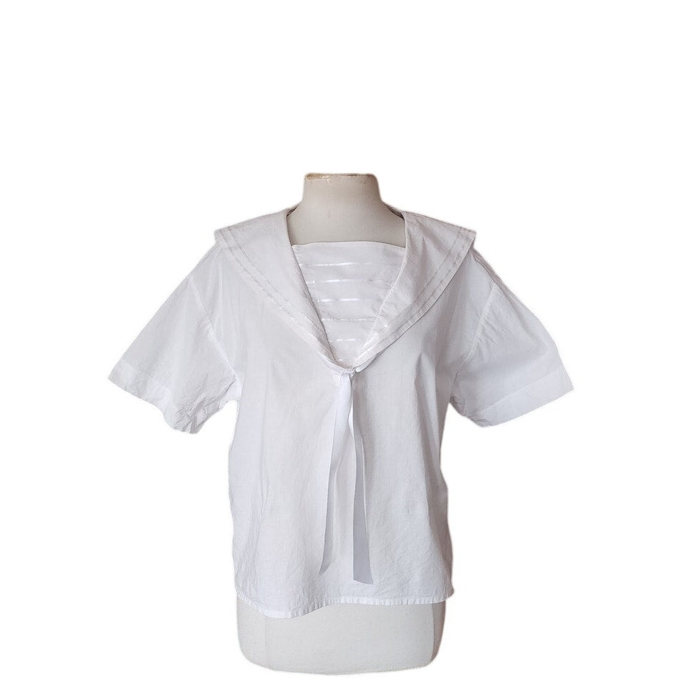 Vintage 80s LAURA ASHLEY Blouse Sailor Collar White Cotton Shirt Neo Edwardian