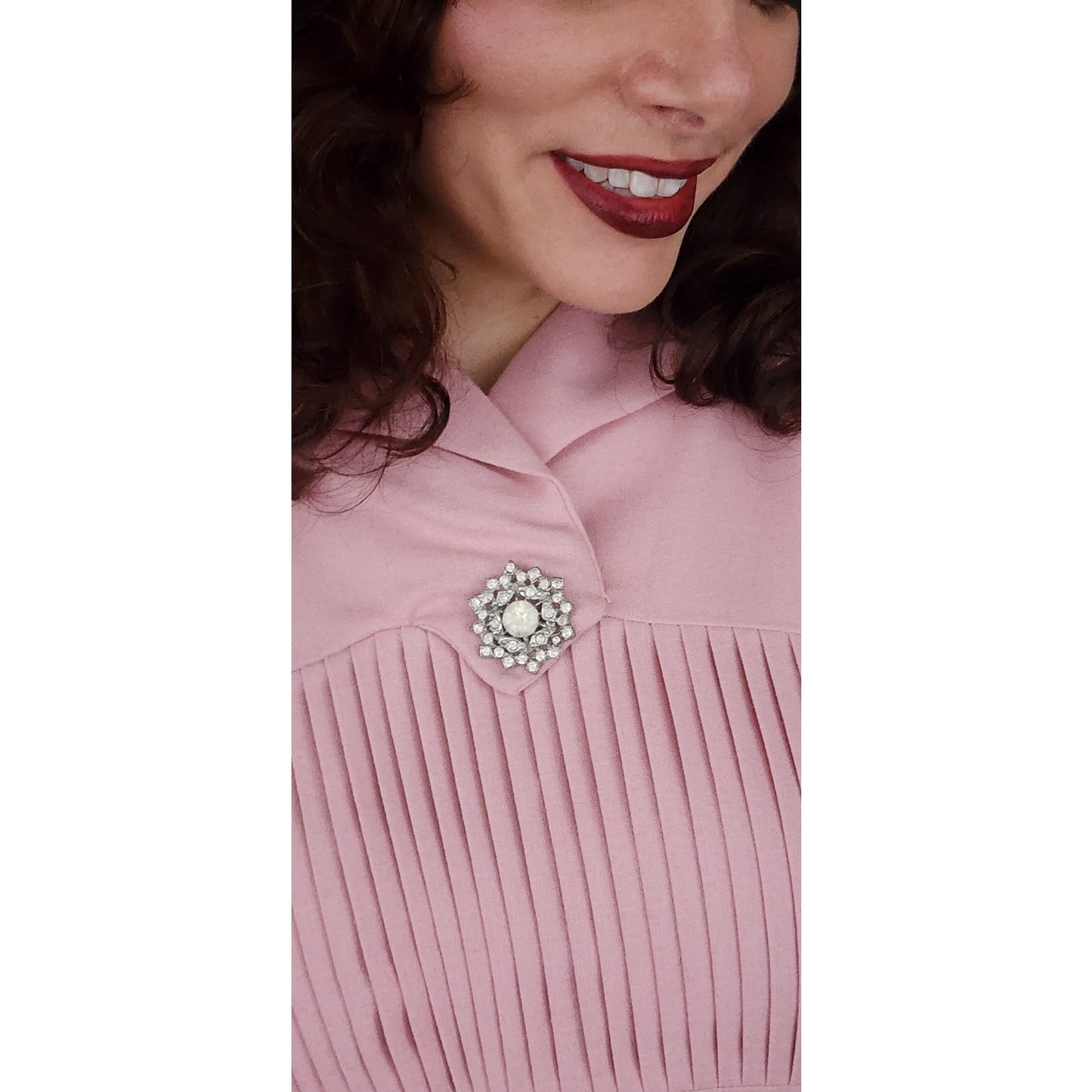 Vintage 40s Pink Dress Pleated Wool Belted w/Rhinestone Pin / S