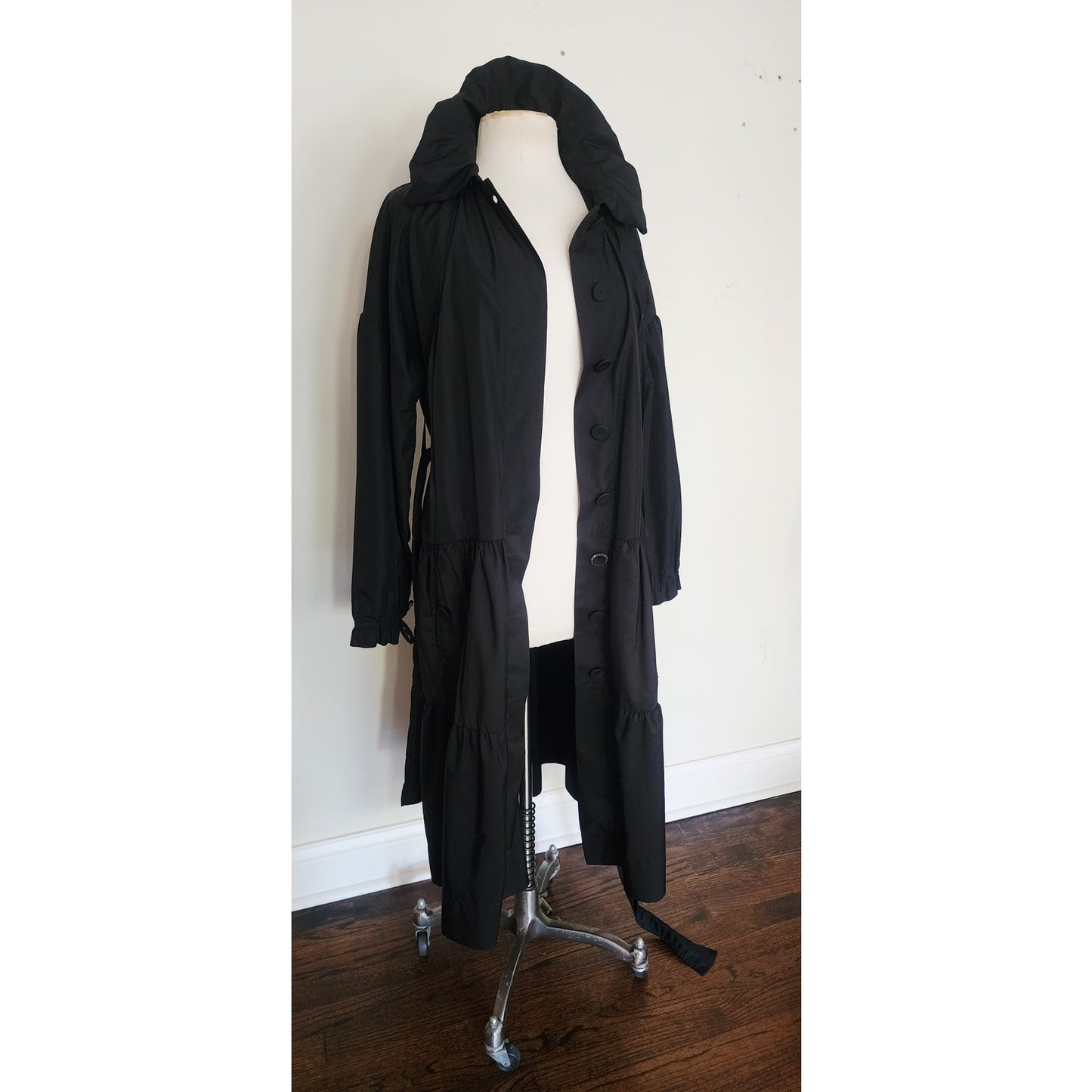 Vintage 2000s Sonia Rykiel Coat Dress / Black Trench Belted Raincoat Ruffled Skirt + Hood / M