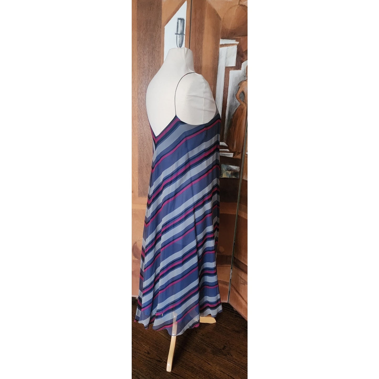 Vintage 70s Chiffon Silk Sun Dress Chevron Stripe Charlotte Ford Spaghetti Strap