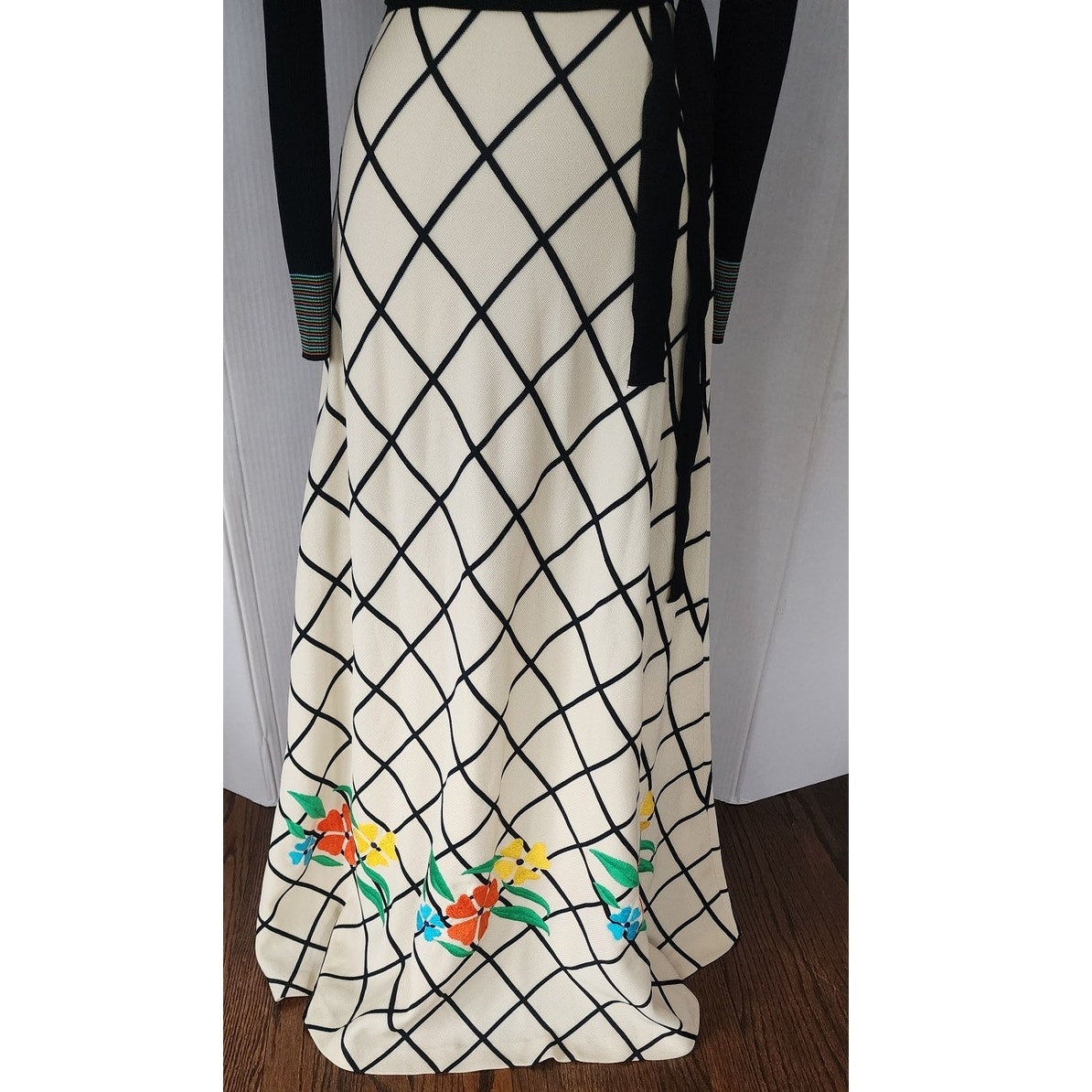 Vintage 70s Boho Maxi Dress Black Knit Top Cream Windowpane Skirt Floral Crissa Italy