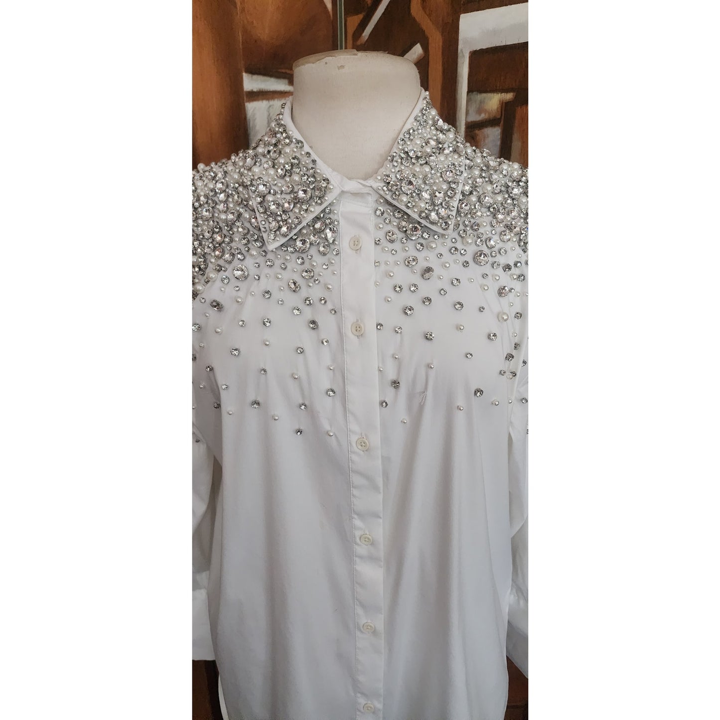 Alice + Olivia White Shirt Embellished Silver Rhinestone Crystal Beads Long Sleeve Button Down