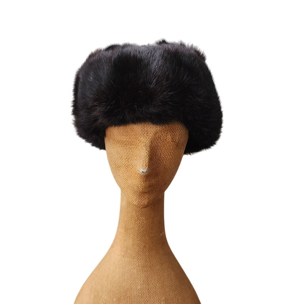 Vintage Black Fur Trapper Hat North King Ushanka Rabbit + Suede Ear Flaps Unisex