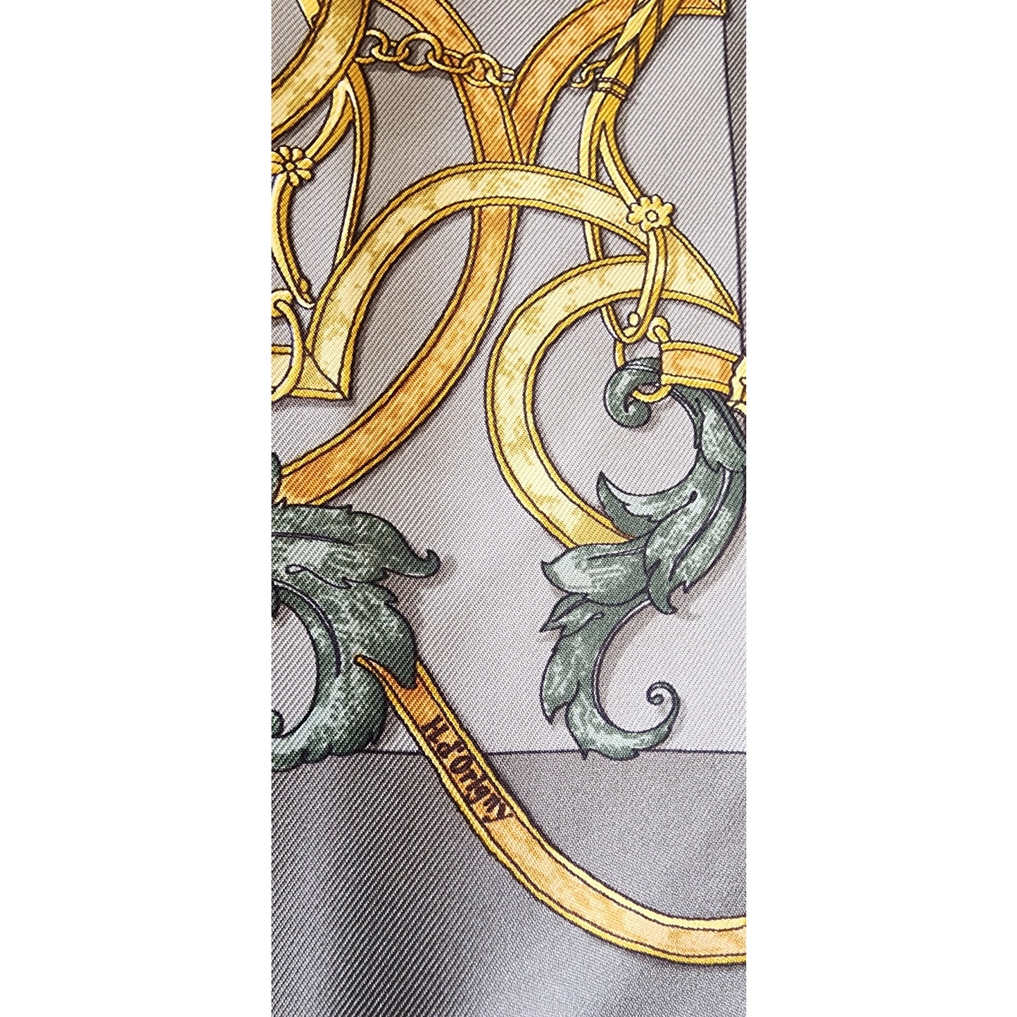 Vintage 90s Hermes Silk Scarf Equestrian Carre 90 Gray Gold l'Instruction du Roy