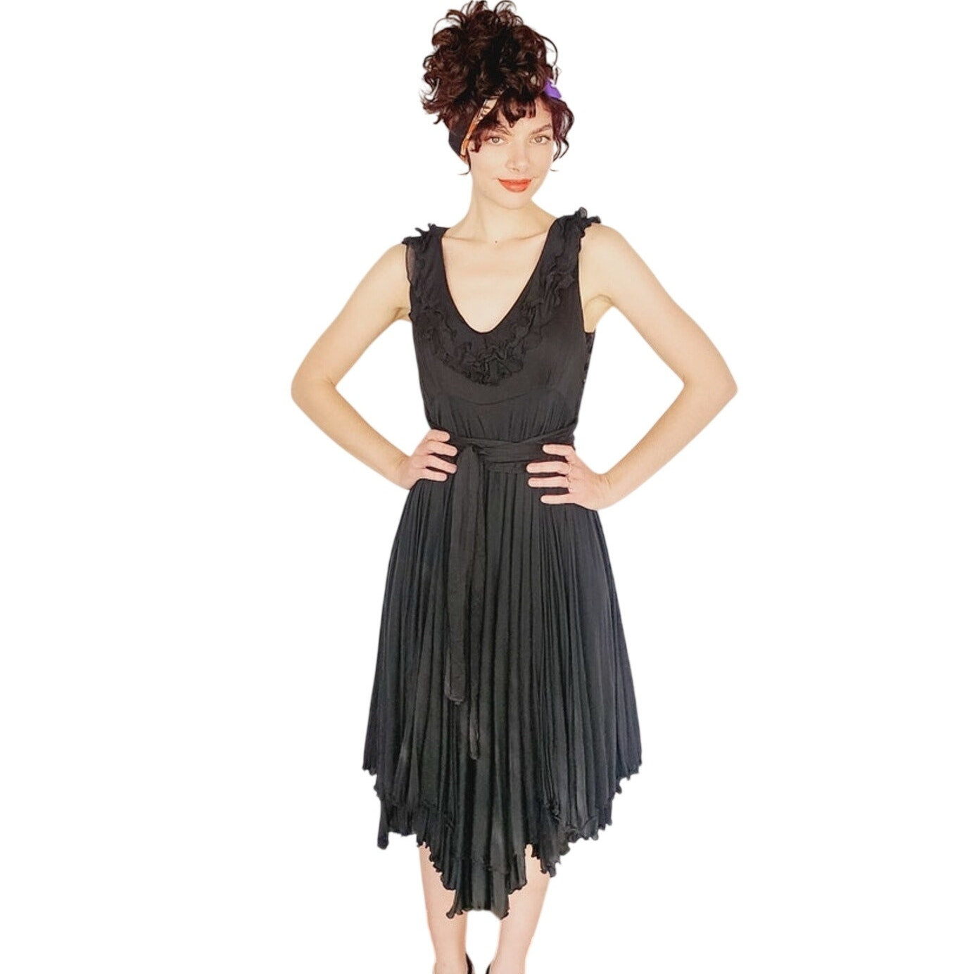 Vintage Y2K Etro Sun Dress Black Cotton w/ Asymmetrical Skirt Medium