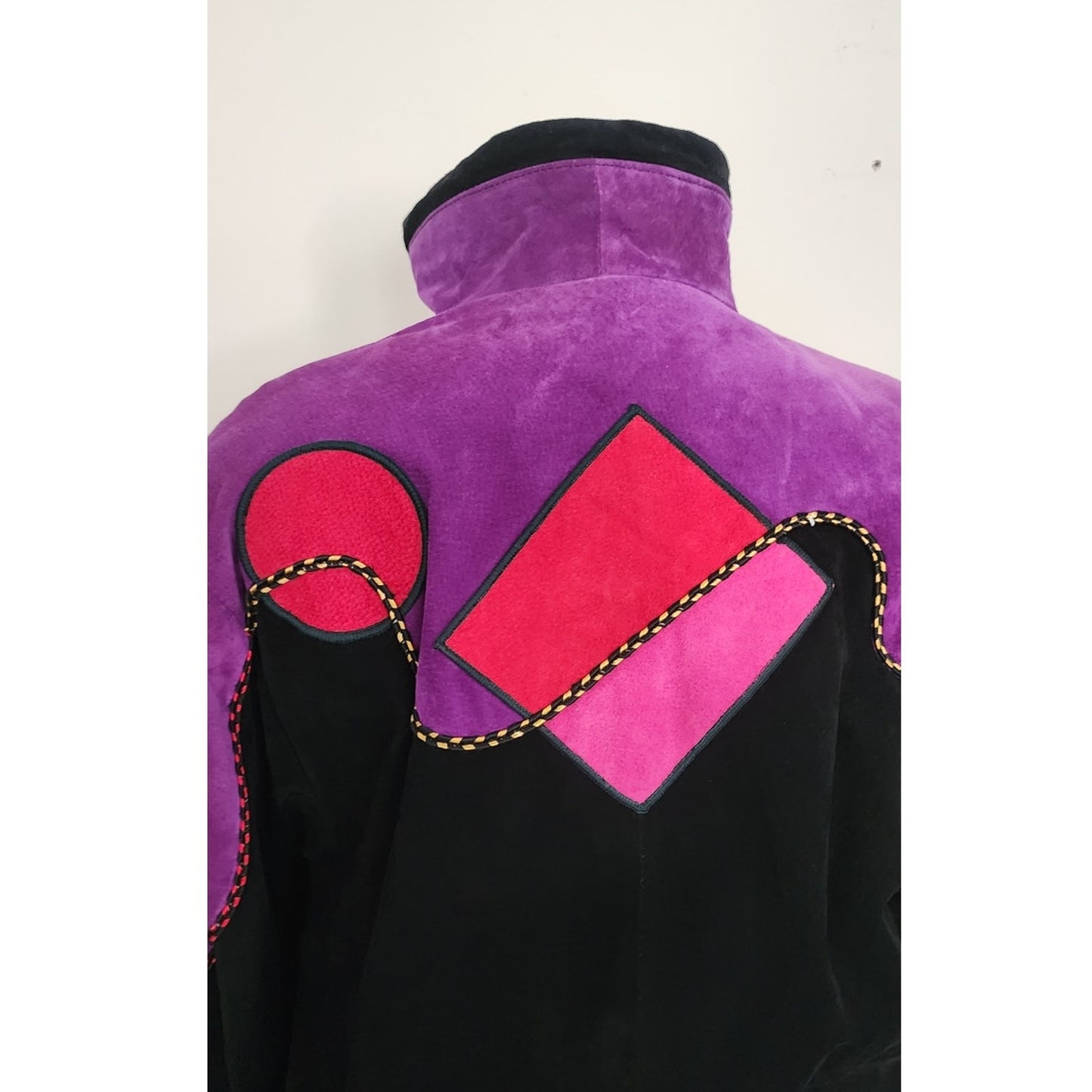 Vintage 80s Suede Bomber Jacket Multicolored Patchwork Applique Mesa Ridge M