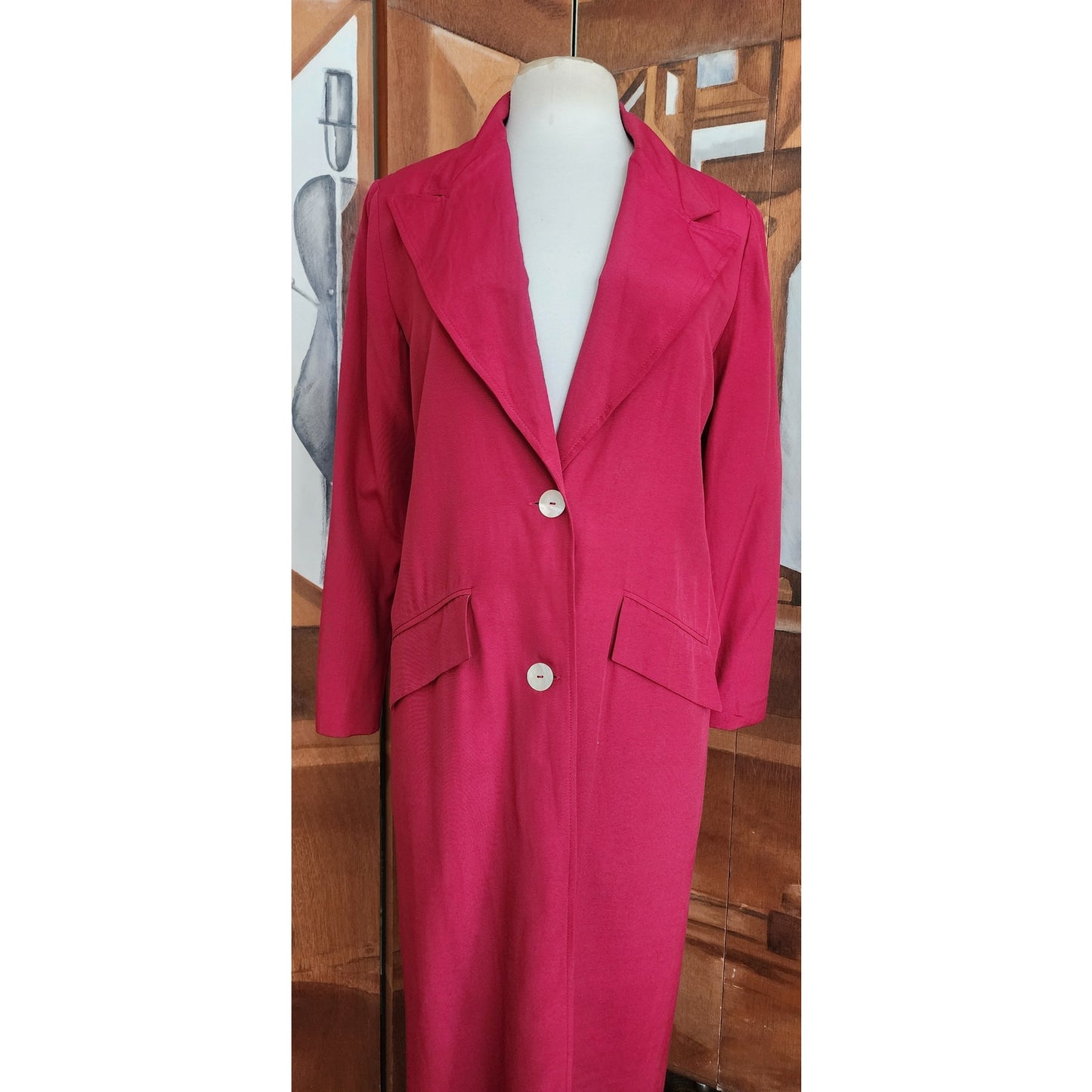 Vintage 90s Burgundy Red Spring Coat Rayon with White Buttons / M