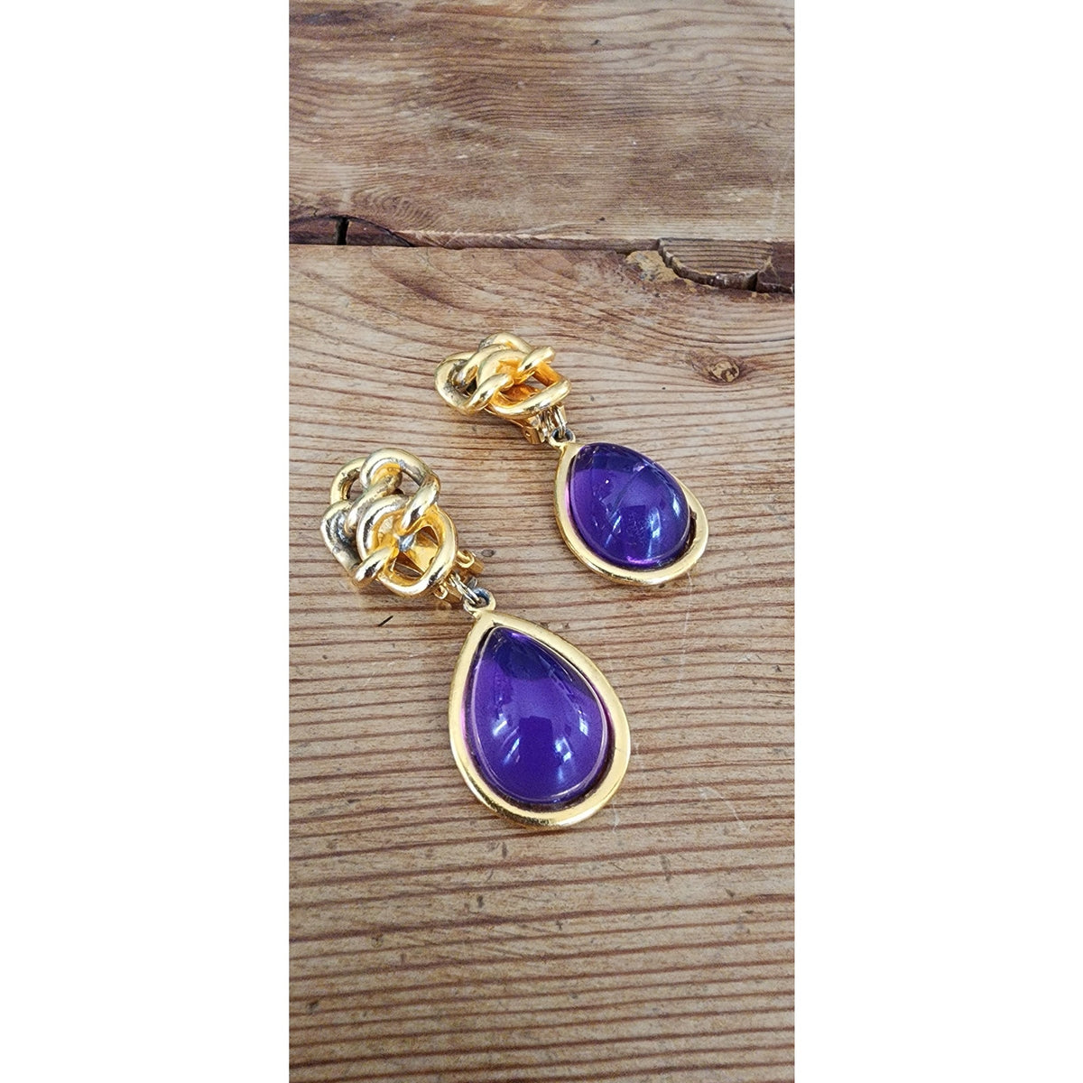 Vintage 1980s Clip Earrings Gold Purple Teardrop Etruscan Revival Chunky Oversized