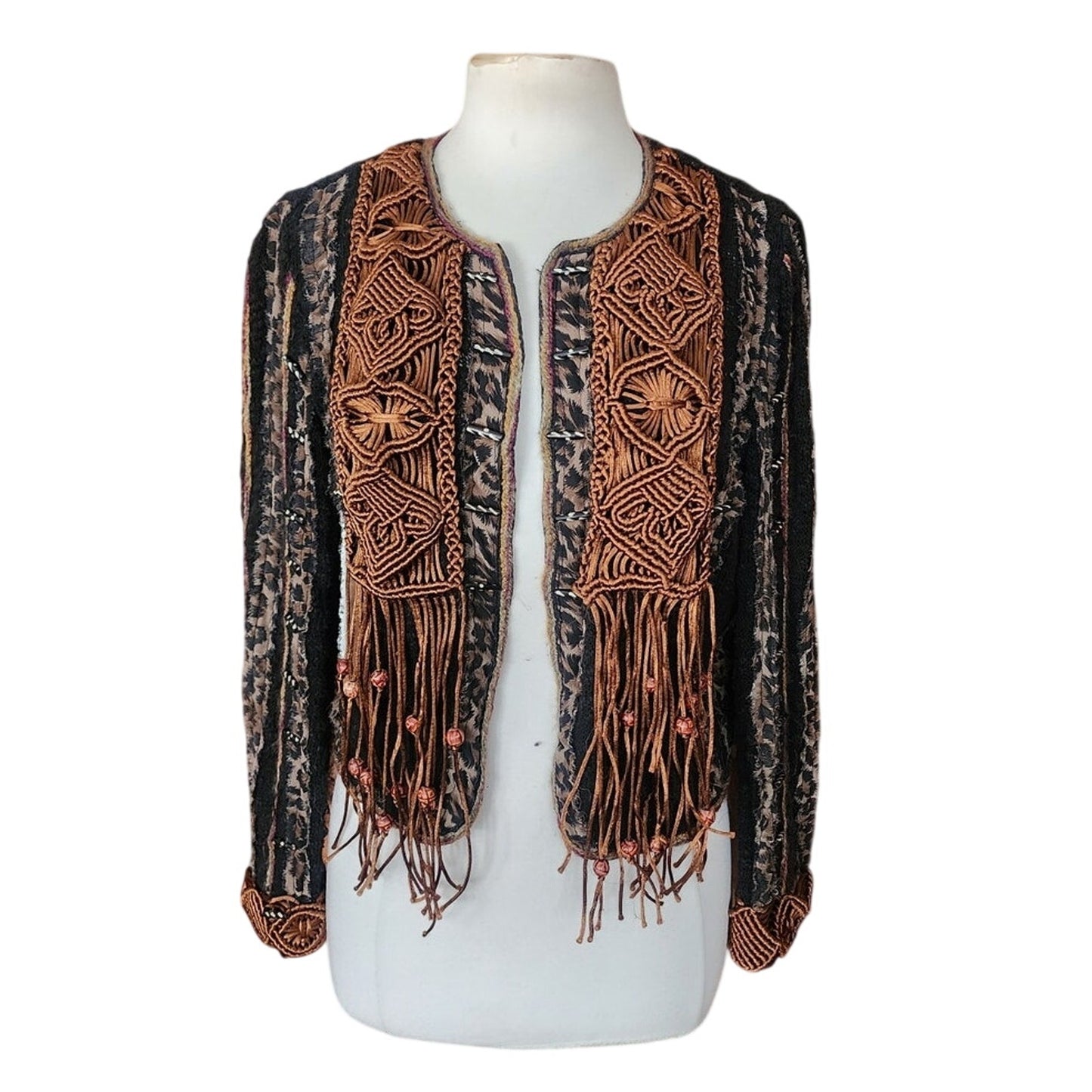 Vintage 90s Sandy Starkman Bohemian Crochet  Embellished Fringe Jacket Art to Wear