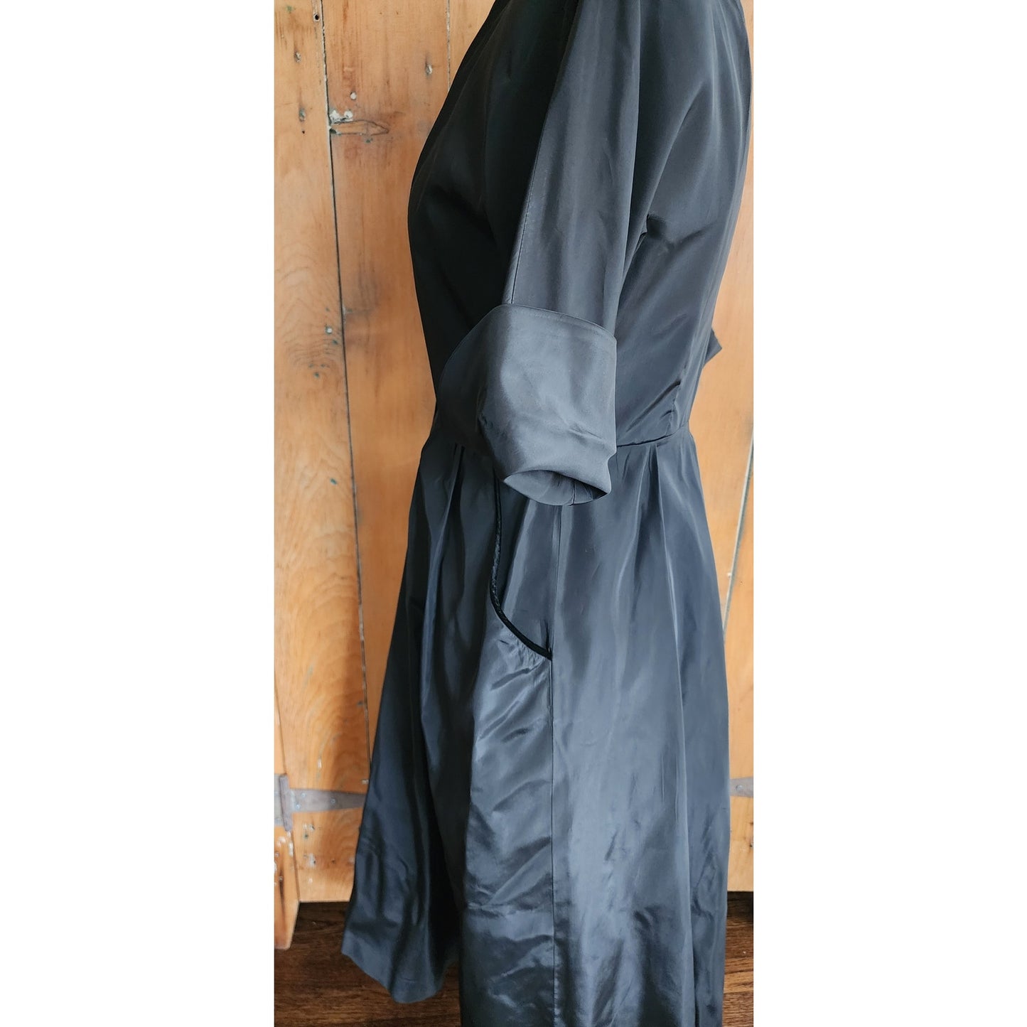 1950s Black Satin Shirt Dress Short Sleeves