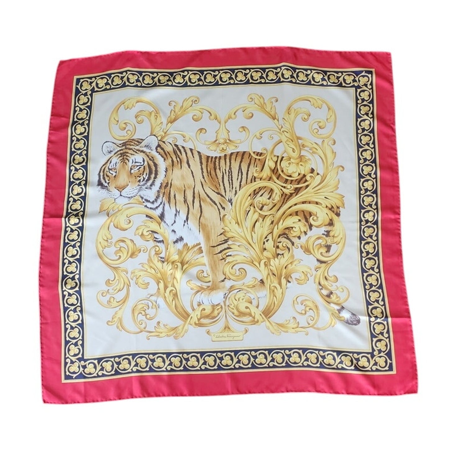 Vintage Ferragamo Silk Scarf Tiger Print Gold Baroque Scroll Print