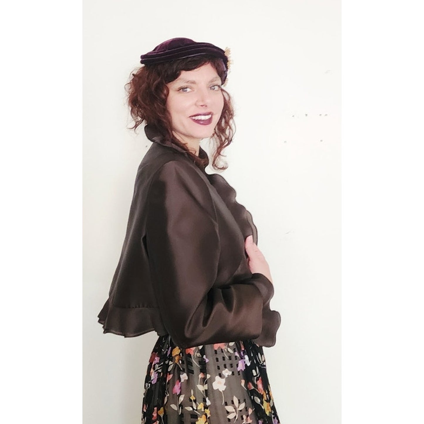 Vintage Brown Jacket Ruffled Trim Wool Silk Evening Dressy Blazer Frascara M