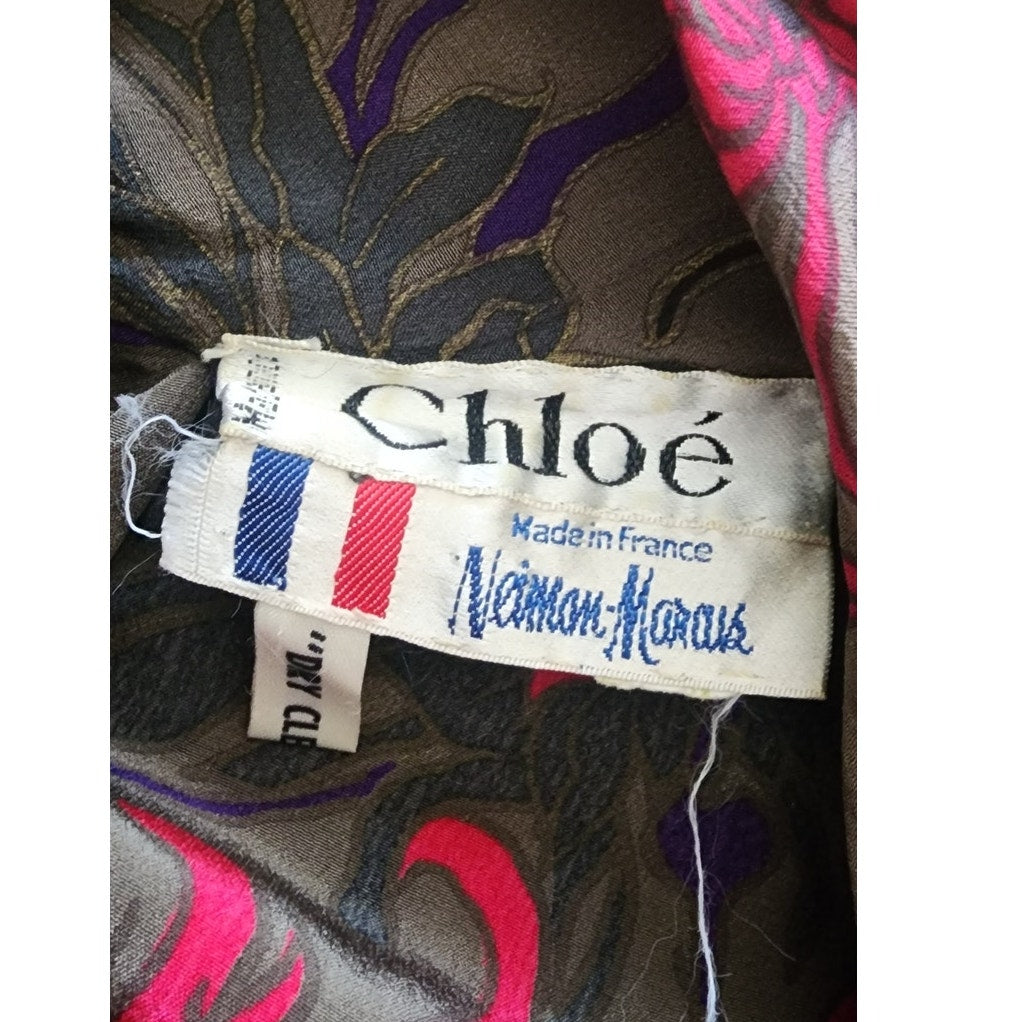 Vintage 80s CHLOE LAGERFELD Blouse Dark Floral Silk Blouse High Neck Long Sleeve